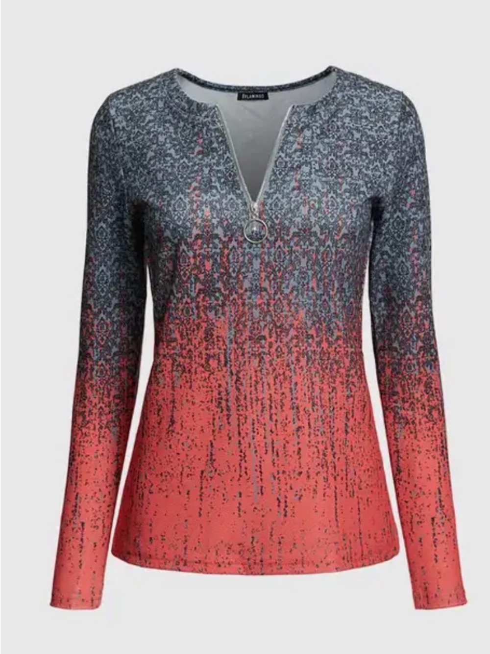 Flamingals Women's Ombre Long-Sleeve Henley Top in Coral and Blue - Picture 5 of 12